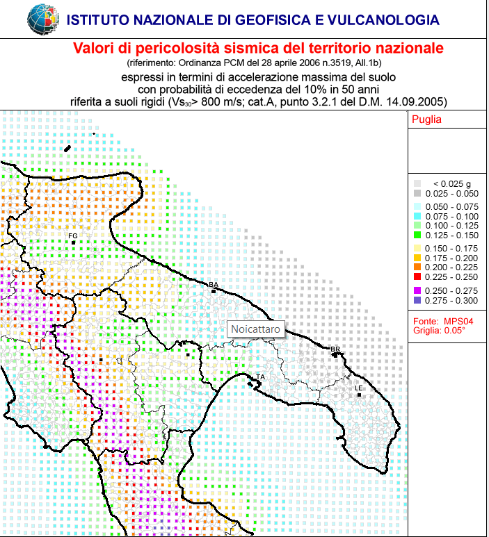 Pericolositò sismica della Regione Puglia (fonte INGV).